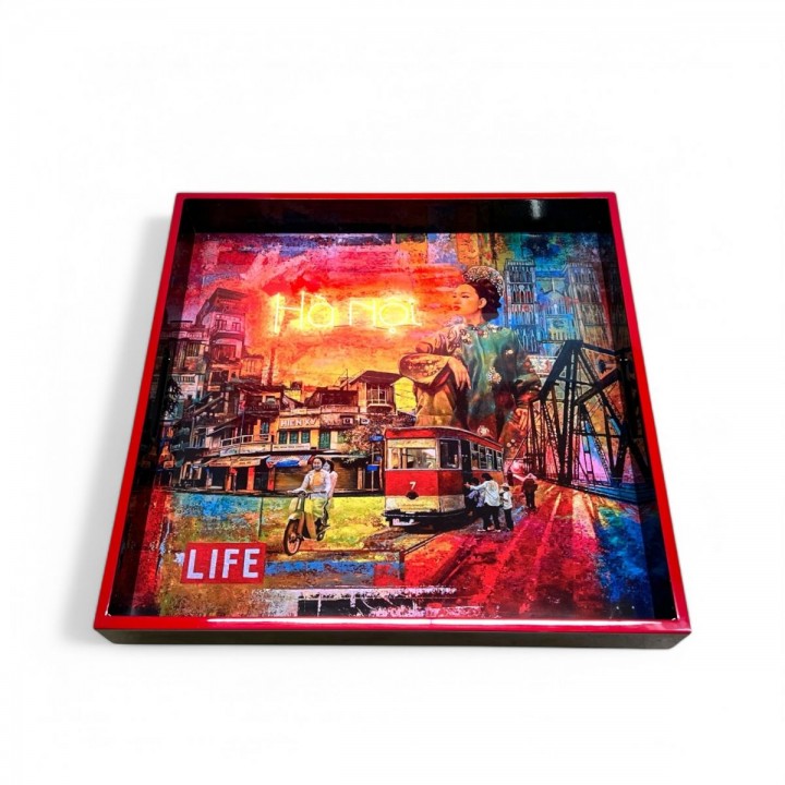 Red square lacquer tray Hanoi Skullface M- 34,5*34,5*4,7cm